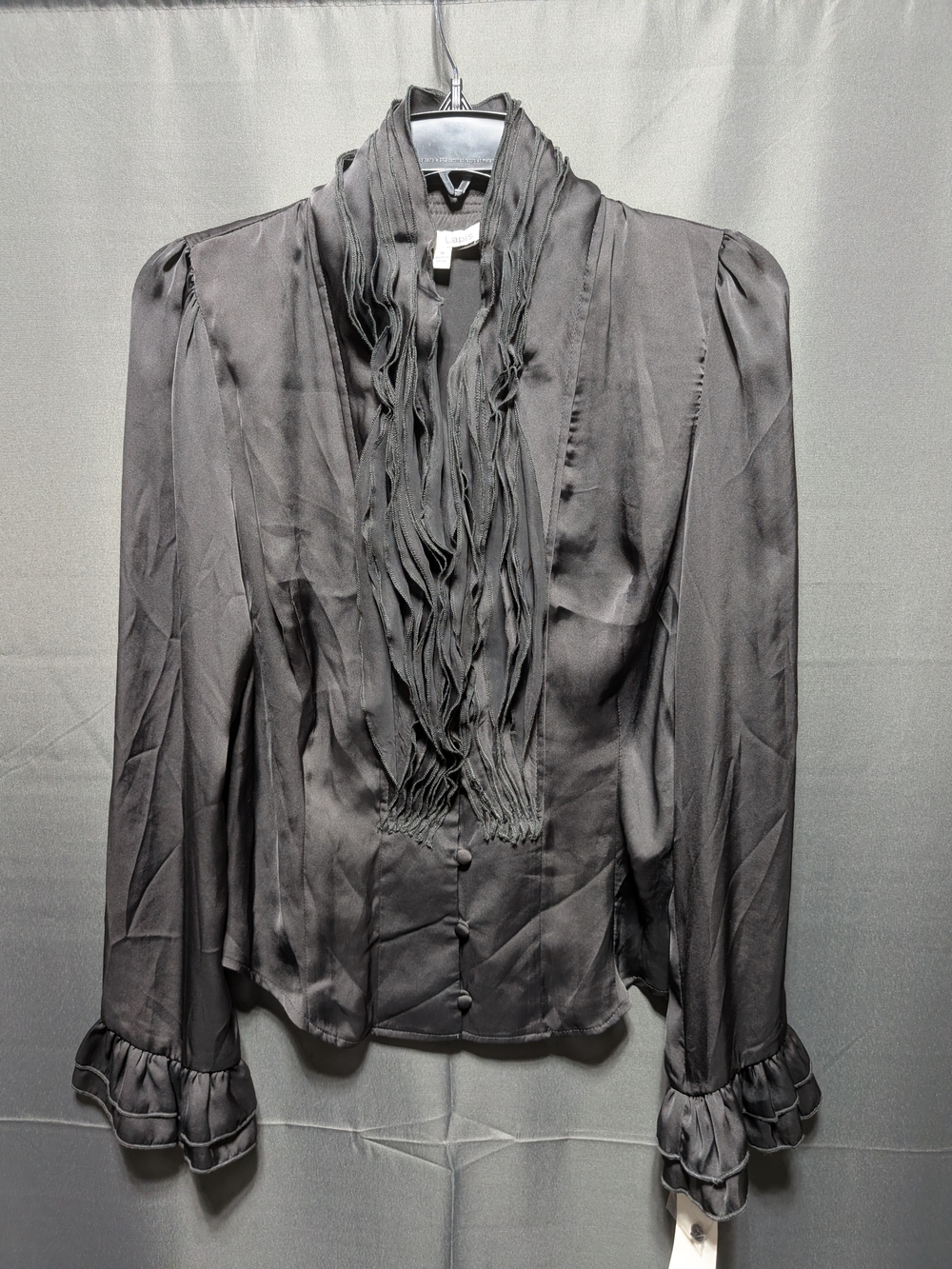 Lapis NWT Dark Charcoal Gray Satin Ruffle Front Blouse Long Sleeve M